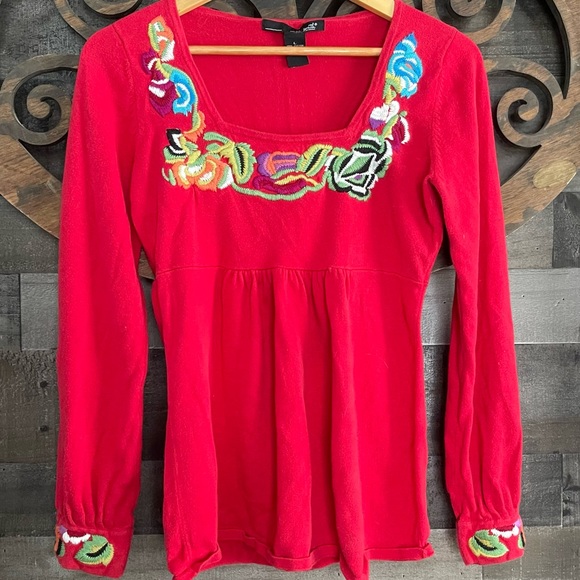 y2k Sweater Top Embroidery Floral Babydoll Empire Waist Boho Square Neck - Picture 14 of 16